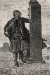 Der Marquis von Lantenac liest einen Haftbefehl an einer Säule - Illustration aus Quatre Vingt Treize, 19. Jahrhundert (Schwarz-Weiß-Radierung)